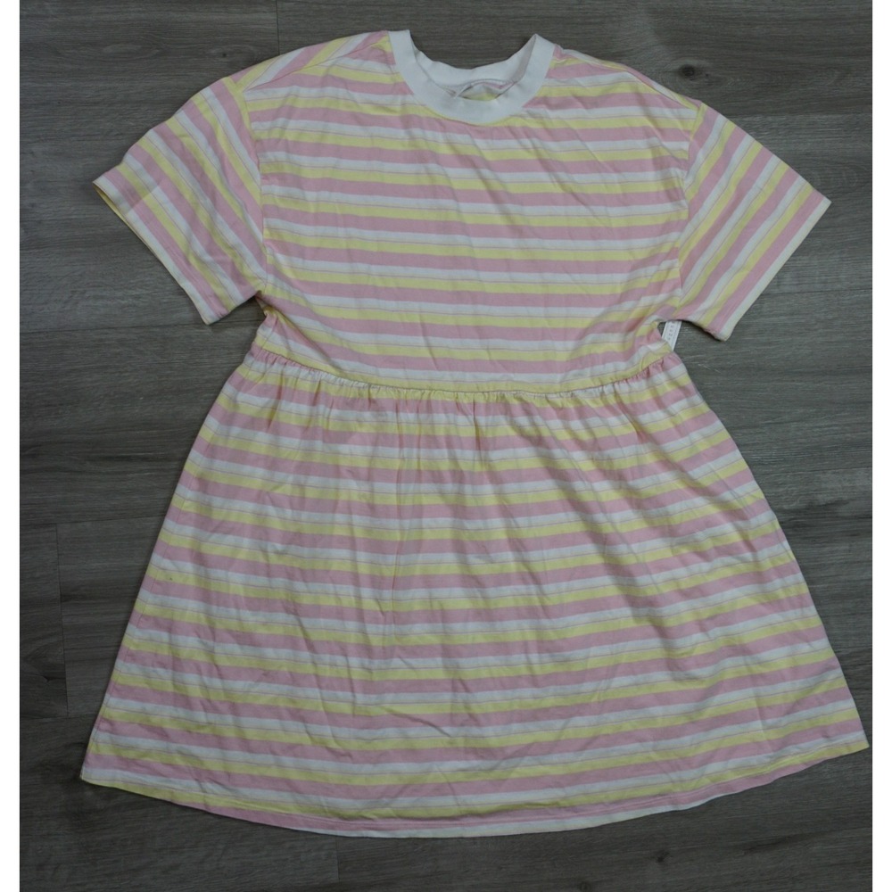 New BP. Babydoll Cotton Crew Short Sleeve T-Shirt Dress Pink Yellow Stripe Small